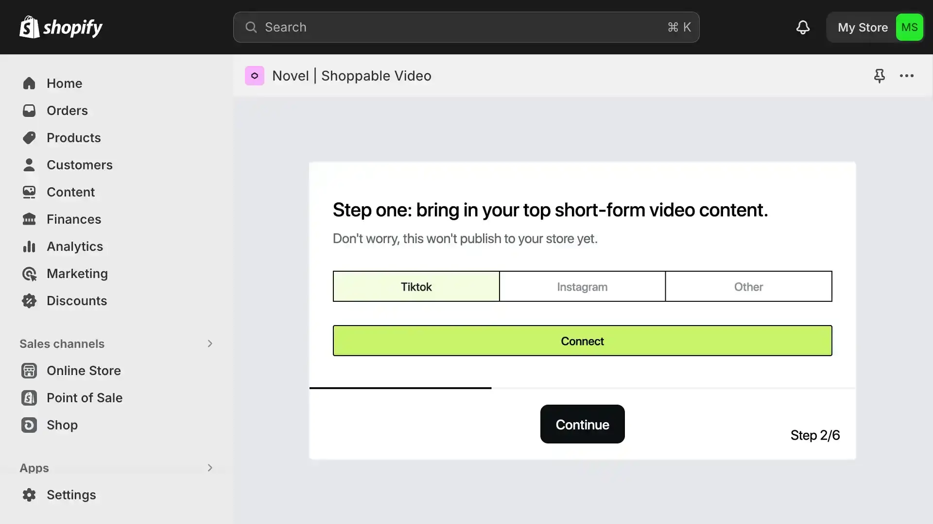 Shopify Novel Shoppable Video setup screen, step 2 of 6.