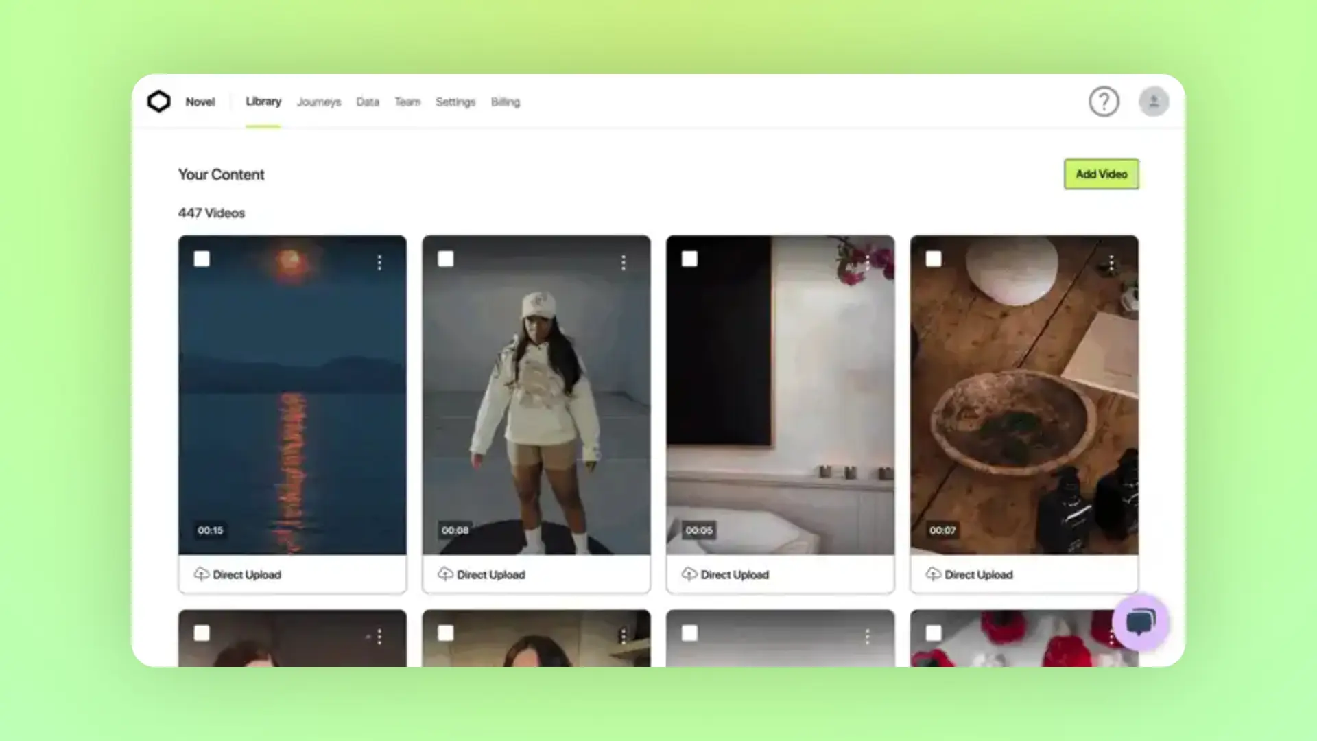 Novel platform Library section showing video content management with options to add videos and navigate to other sections like Journeys, Data, Team, Settings, and Billing.