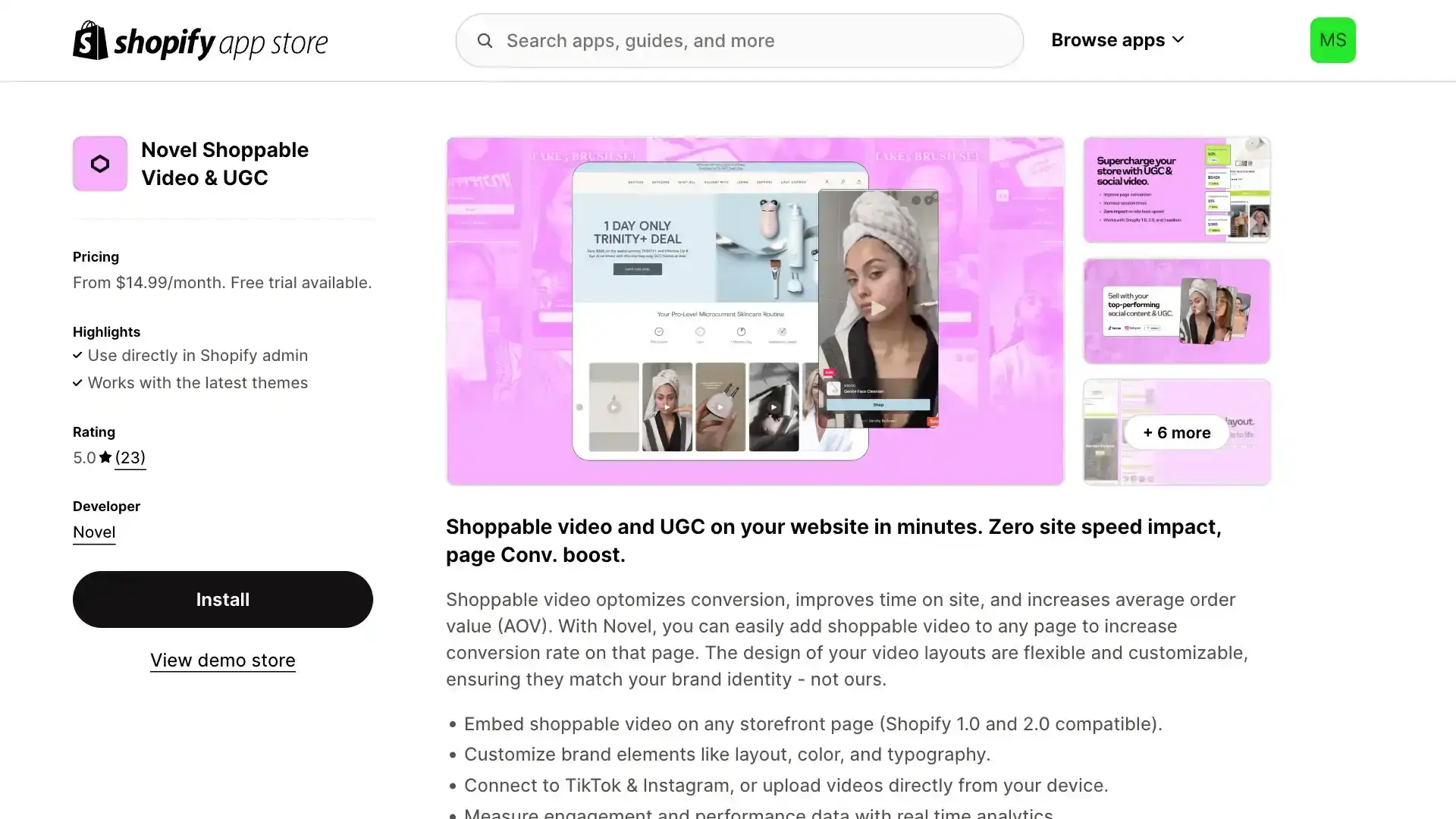 Shopify App Store page for Novel Shoppable Video & UGC app