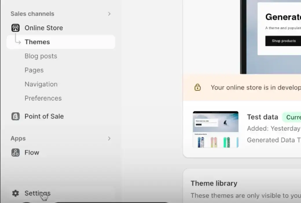 Shopify admin interface showing Themes section under Sales channels with development store notification and test data status.
