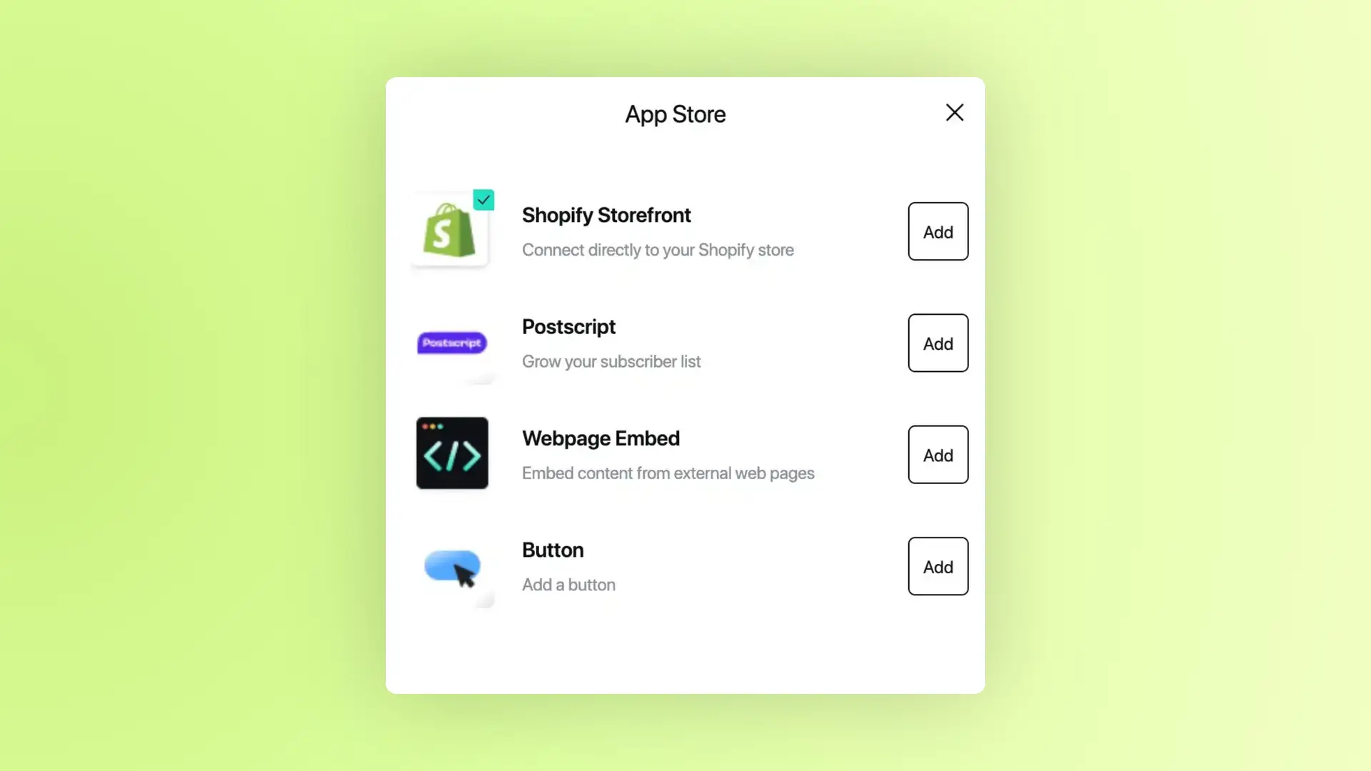 App Store interface in Novel platform showing options to add Shopify Storefront, Postscript, Webpage Embed, and Button.