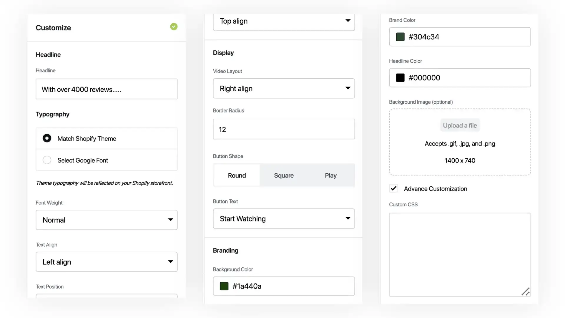 Novel platform customization screen for embedding shoppable videos on Shopify.