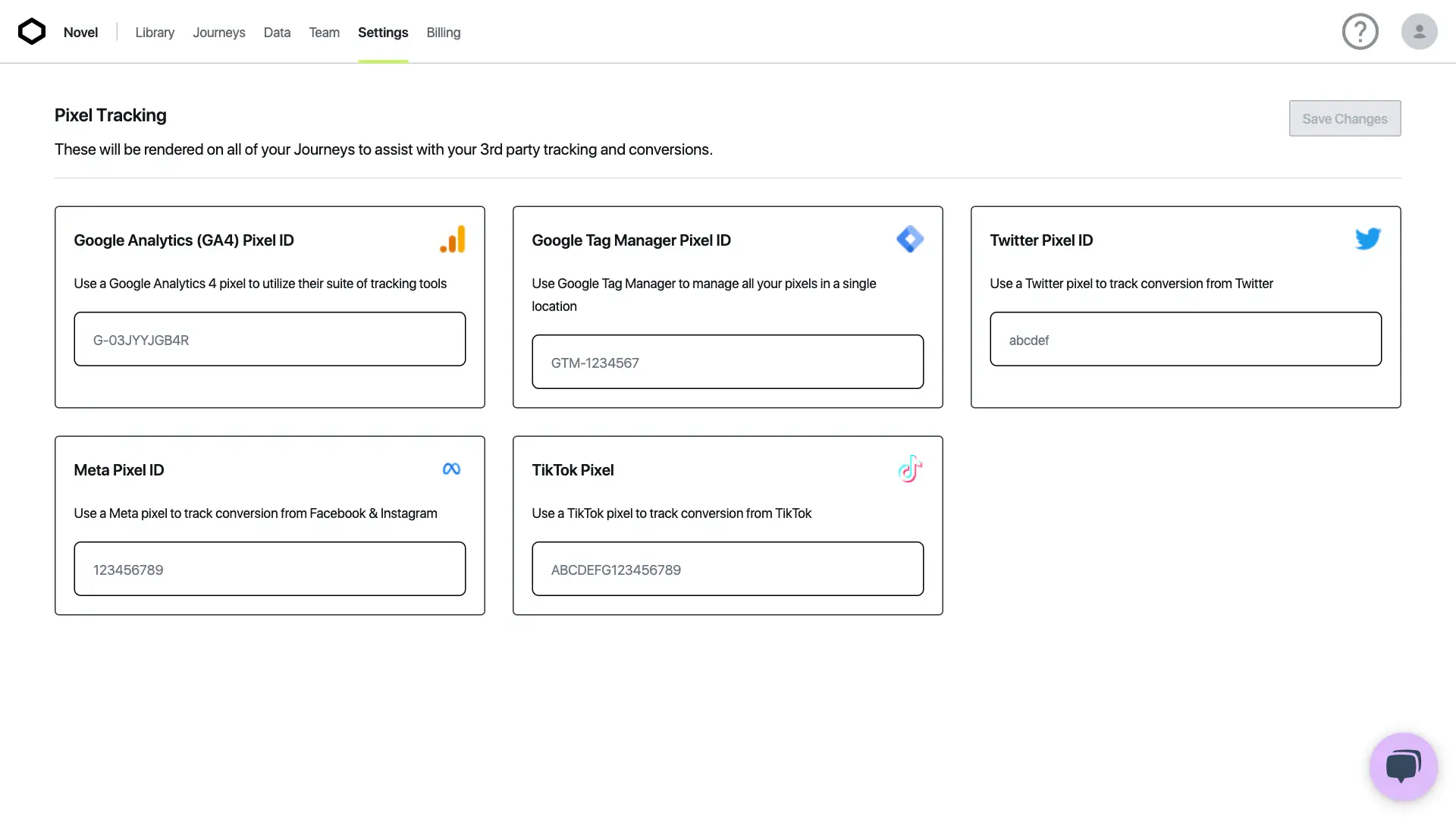 Novel platform settings page showing pixel tracking options for Google Analytics, Google Tag Manager, Twitter, Meta, and TikTok.