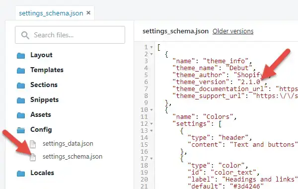 Shopify settings_schema.json file showing theme version 2.1.0 in the Config section.