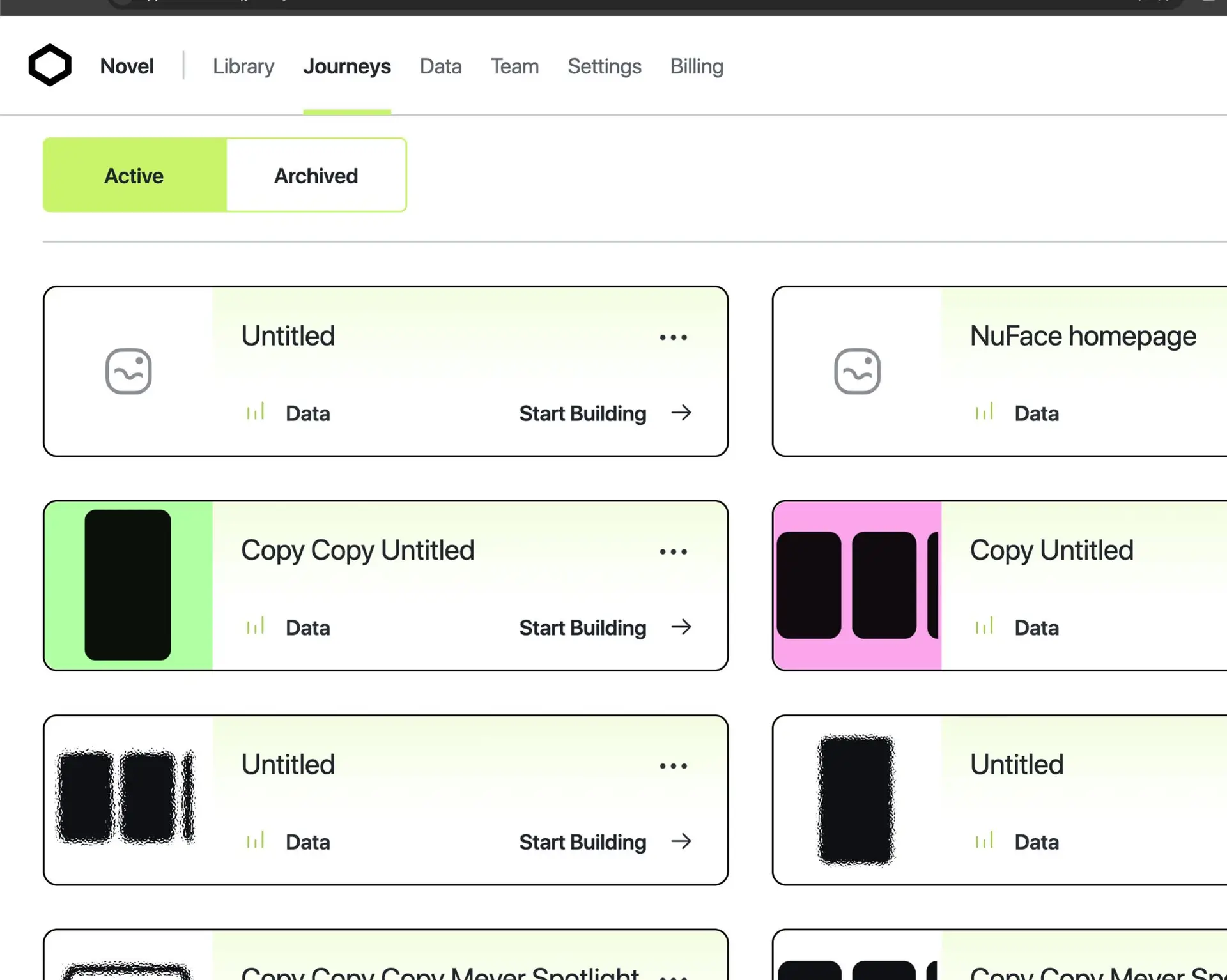 Novel platform Journeys section showing active video journeys with options to start building.