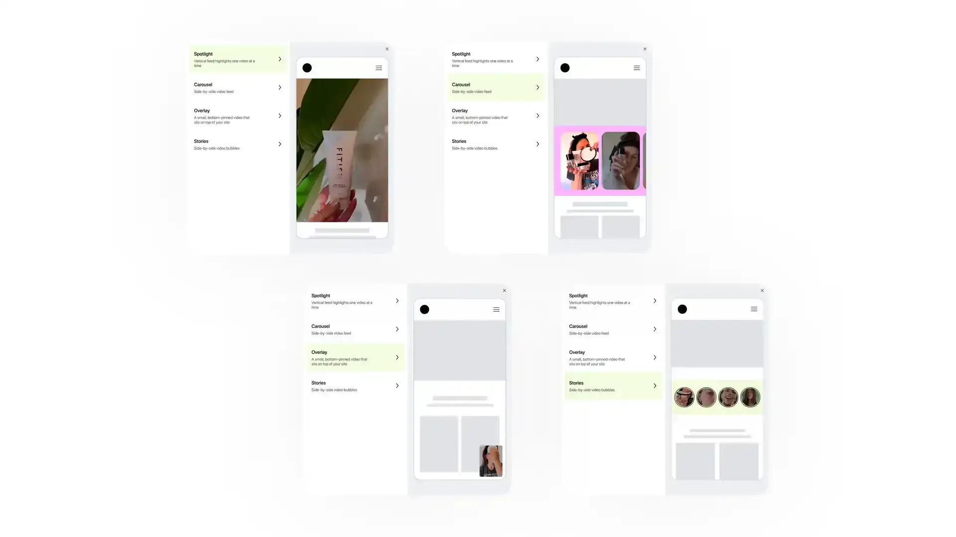 Novel platform layout options for embedding shoppable videos on Shopify.