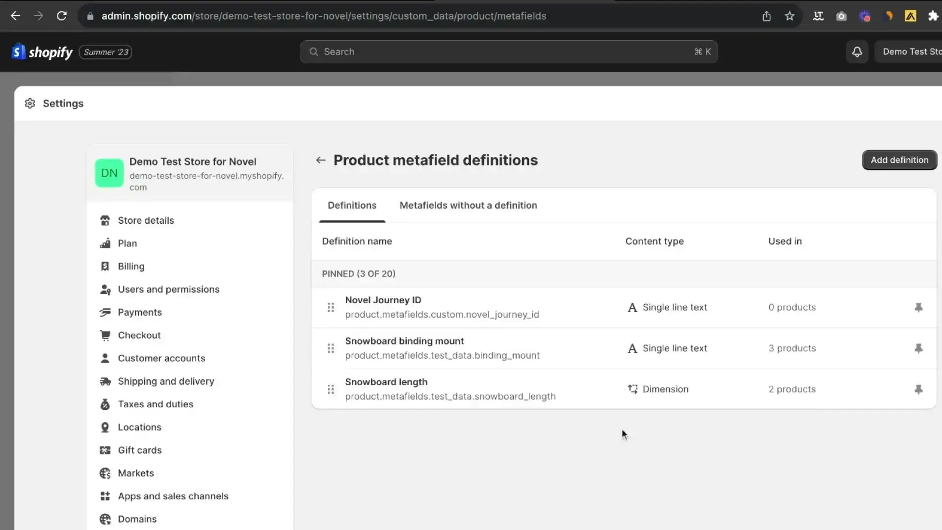 Shopify admin page showing product metafield definitions for Demo Test Store for Novel