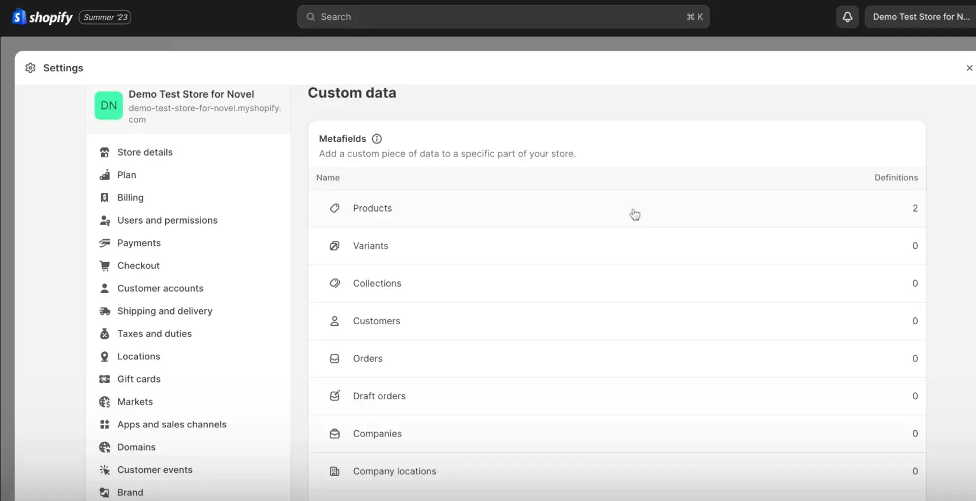 Shopify settings page for Demo Test Store for Novel showing custom data metafields.