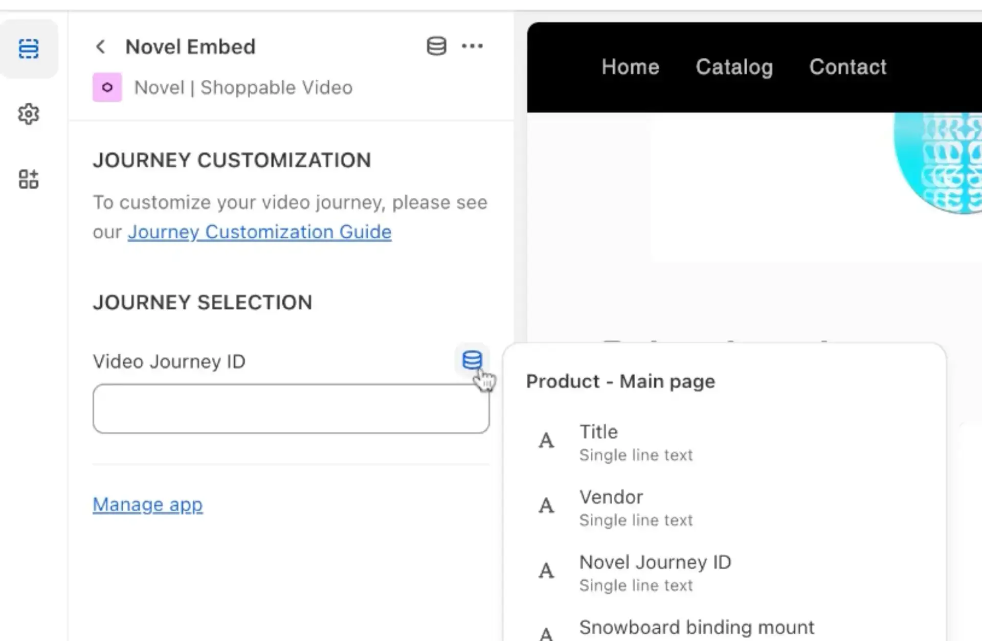 Novel Embed interface for embedding shoppable videos on Shopify with journey customization and selection options.