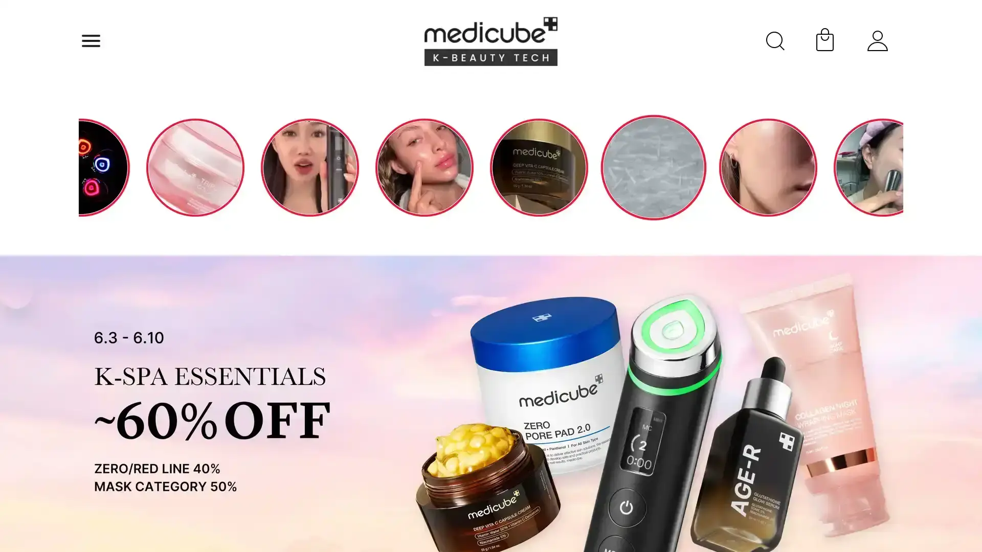 Medicube K-Beauty Tech webpage with product thumbnails and K-Spa Essentials discount banner.