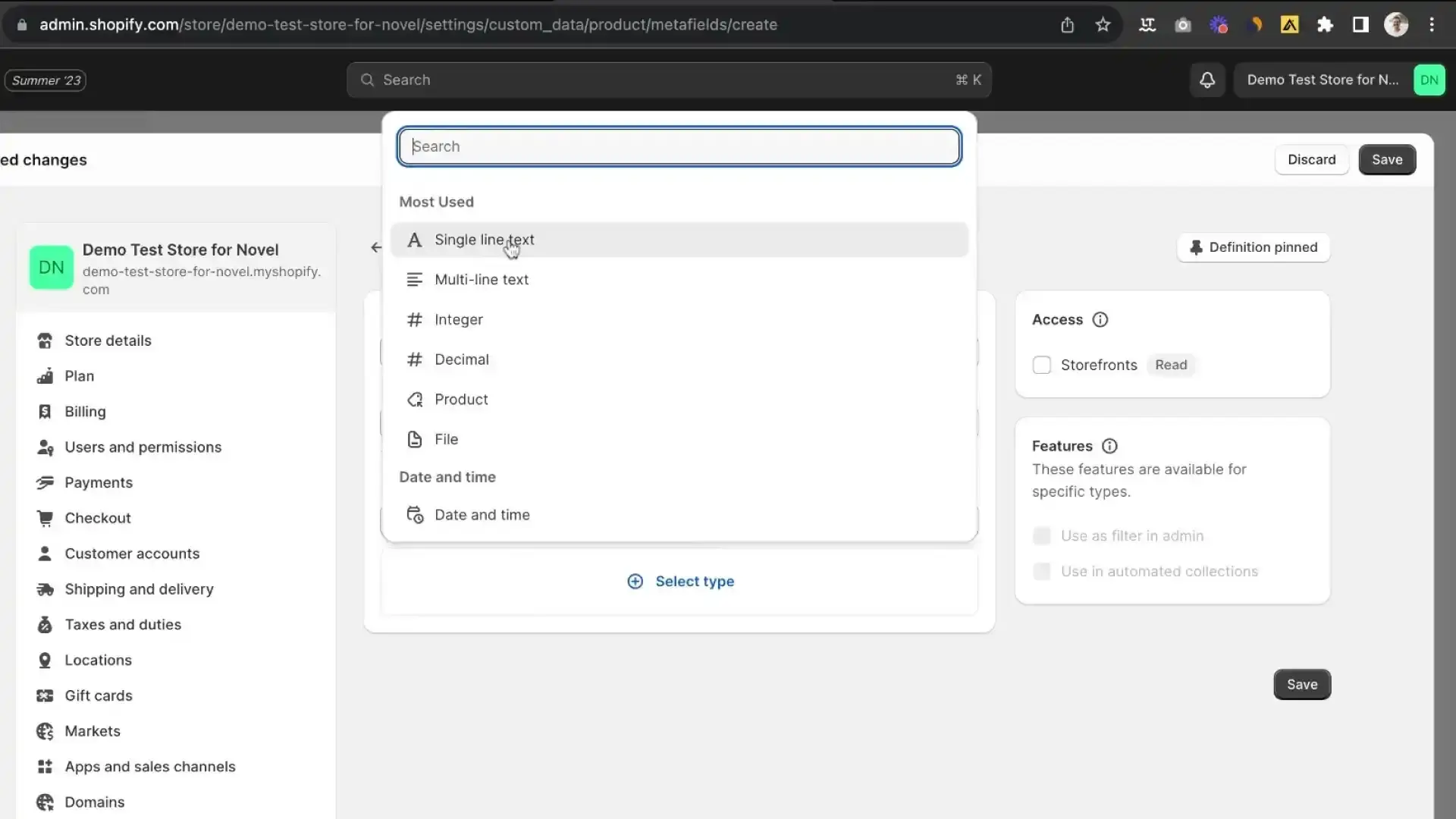 Shopify admin interface for creating a new metafield in Demo Test Store for Novel