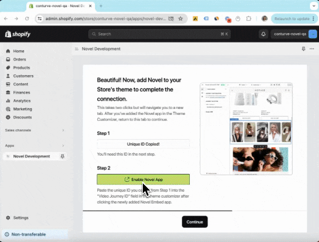 Shopify admin interface for Novel Development app setup with steps to enable Novel app.