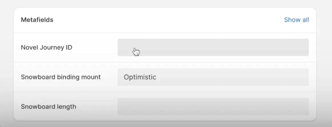 Metafields section with Novel Journey ID, Snowboard binding mount, and Snowboard length fields.