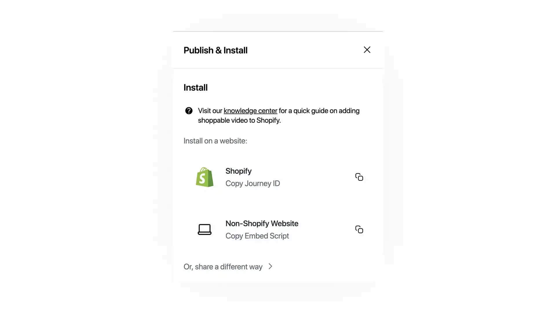 Publish & Install screen for embedding shoppable videos on Shopify or non-Shopify websites.