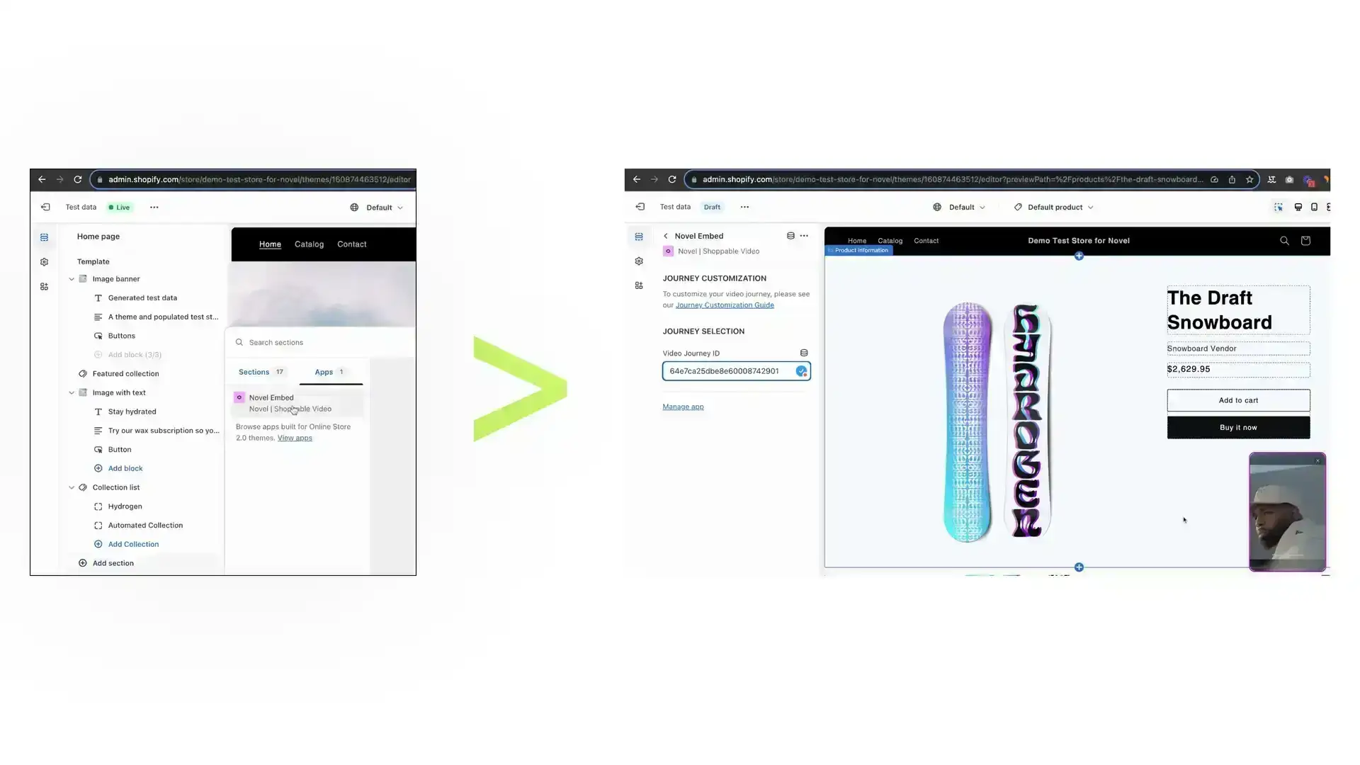 Shopify admin and storefront preview showing Novel shoppable video embed process.