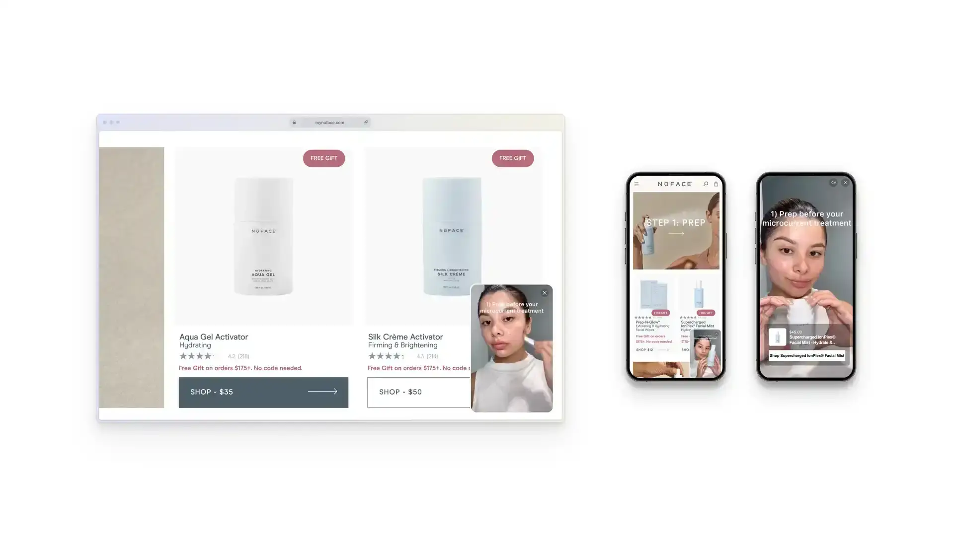 Shopify storefront with shoppable video overlay and product listings for Aqua Gel and Silk Crème.